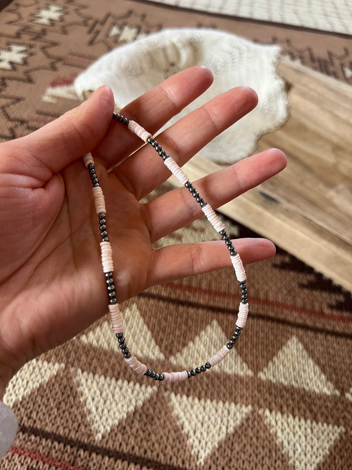 Pink Conch Heishi & 3mm Sterling Silver Pearls-20”