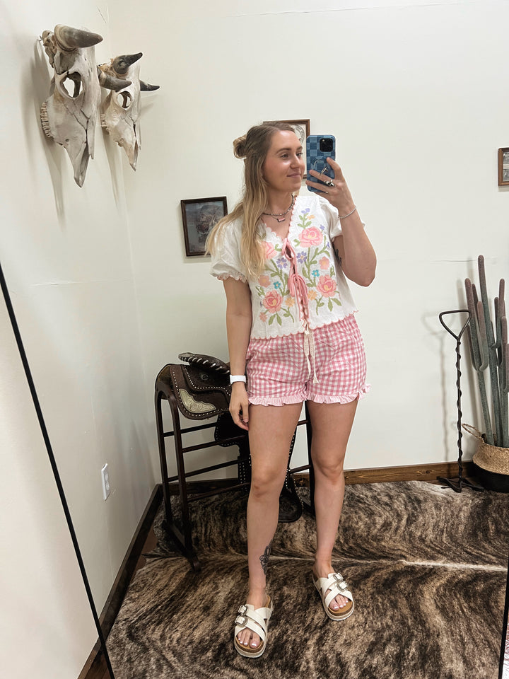Gingham Plaid Ruffle Shorts-Pink
